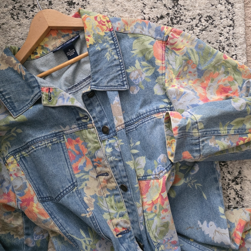 Vintage Susan Graver Denim Jacket Shacket Womens Size 1x Floral Cotton